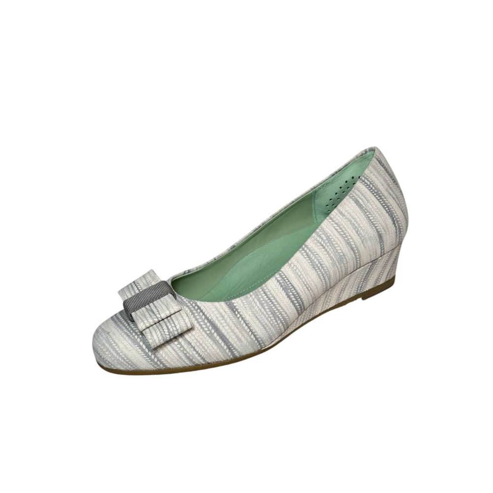 SAS Audrey 6 M Low Wedge Pump Gray Stripe Leather Bow Made in Italy $137 NEW